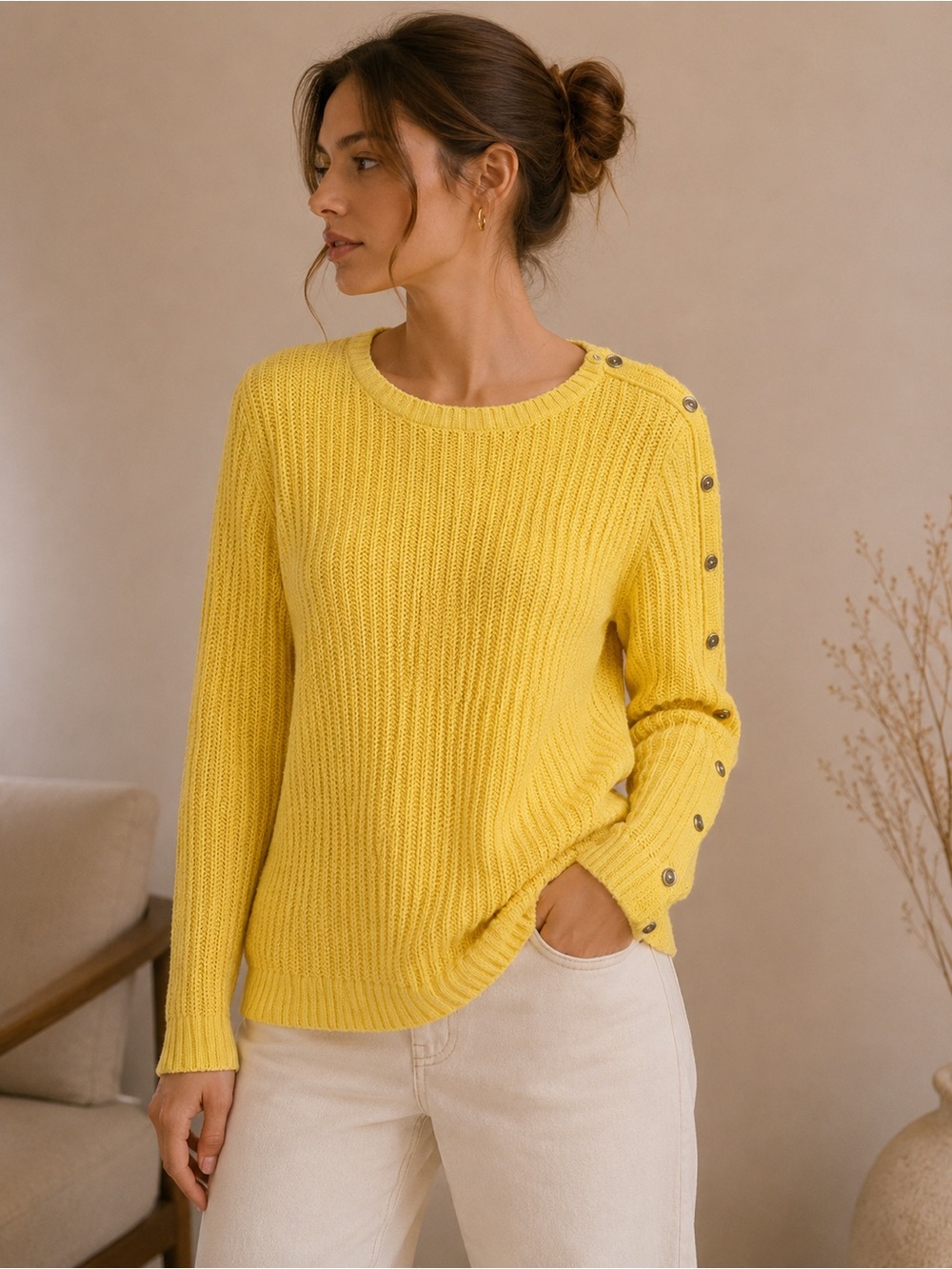 Yellow Button-Accent Crewneck Sweater